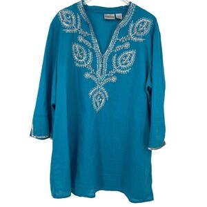 Chicos Blouse Turquoise Chico's Size 3/XL Beaded Sequined Embroidery Boho - Flaw